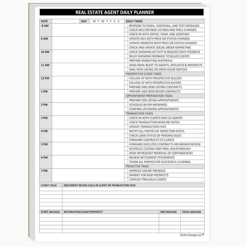Life Charge Real Estate Agent Supplies - Daily Planner Task List Notepad. Simple one page document with calendar, task lists, call and mileage log. Keep organized & focused on selling real estate. 8.5 X 11 - Image 4
